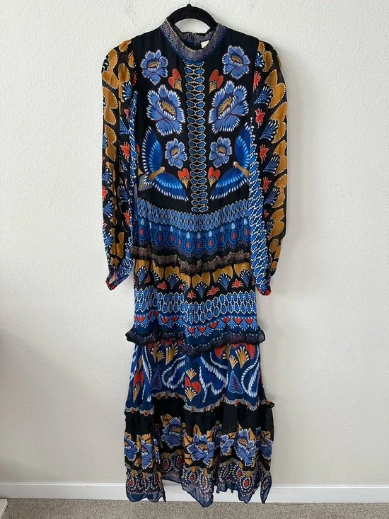 FARM RIO Ainika Ruffled Printed Crepe Maxi Dress SZ XS NWT - Picture 4 of 7